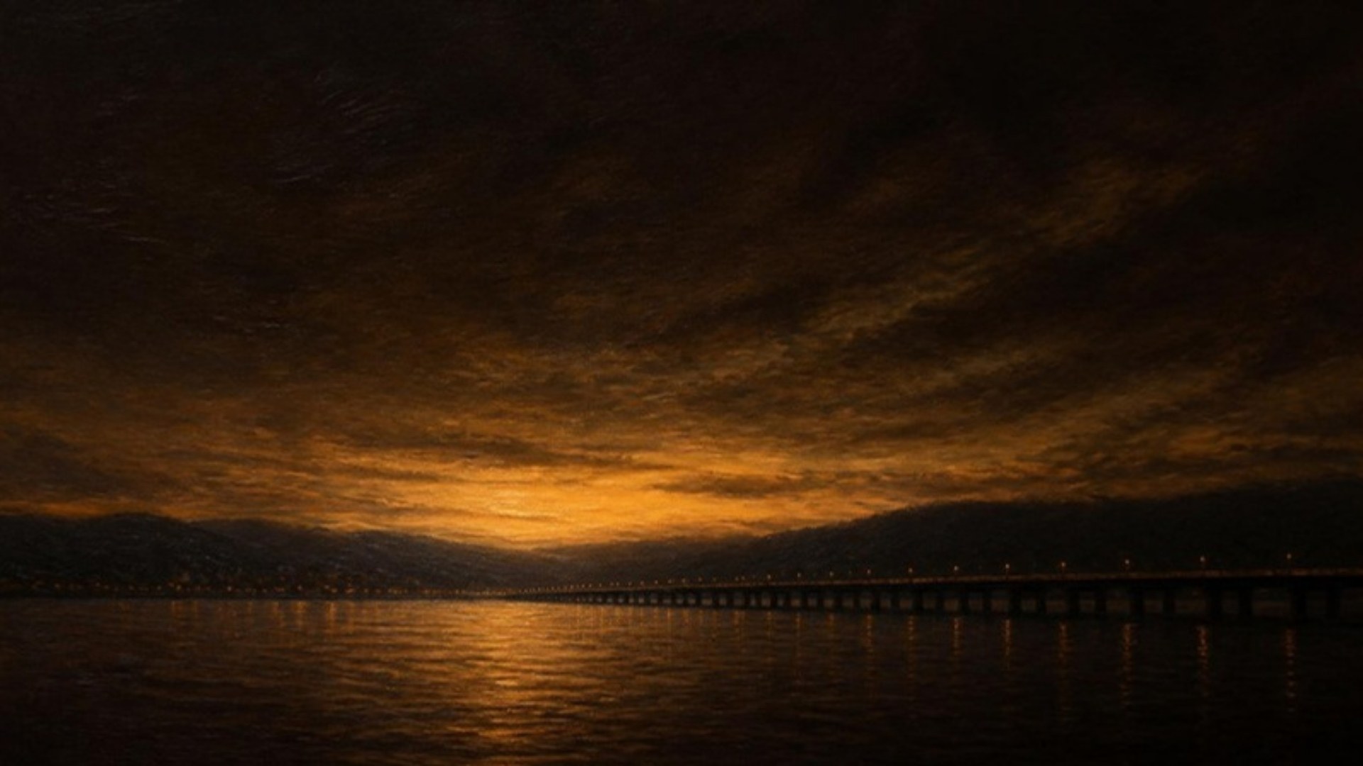 The bridge across Okanagan Lake at dawn, seen from the west shore, painted